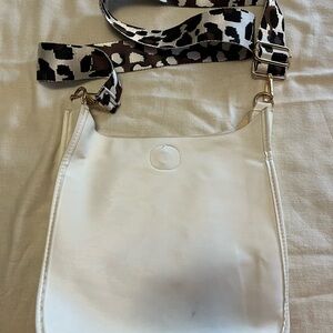 Ahdorned White Faux Leather (vinyl) Crossbody Bag with Leopard Patterned Strap